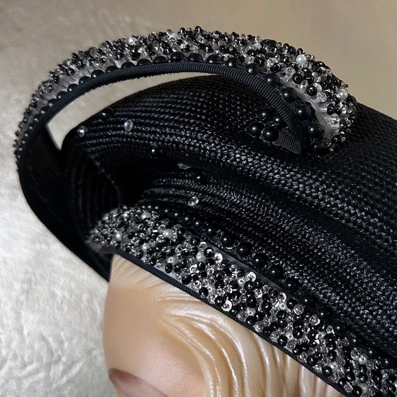 SWANKY 1960s' BLACK STRAW TAM WITH SEQUINS, RHINESTONES & BEADS - Picture 8 of 12